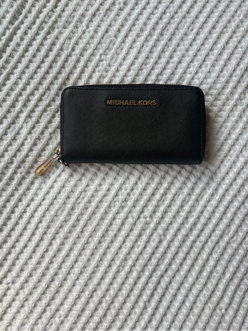 Michael Kors Black Saffiano Zip Wallet with Gold Logo